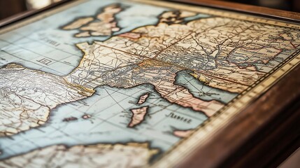 Naklejka premium Close-up of an antique world map with a wooden frame.
