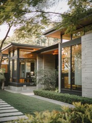 Obraz premium Modern Contemporary Home with Floor-to-Ceiling Windows and Beautiful Landscaping