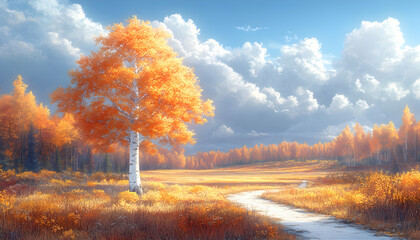 Autumnal landscape with a solitary vibrant orange-yellow birch tree in a meadow, bathed in sunlight, a path winding through the golden foliage.