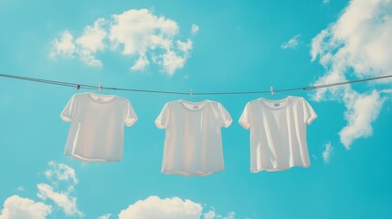 white clothing drying on a clothesline.Concept of Simplicity, purity, freshness, domesticity, nostalgia, old-fashioned, carefree lifestyle,Laundry detergent, fabric softener, clothing brands
