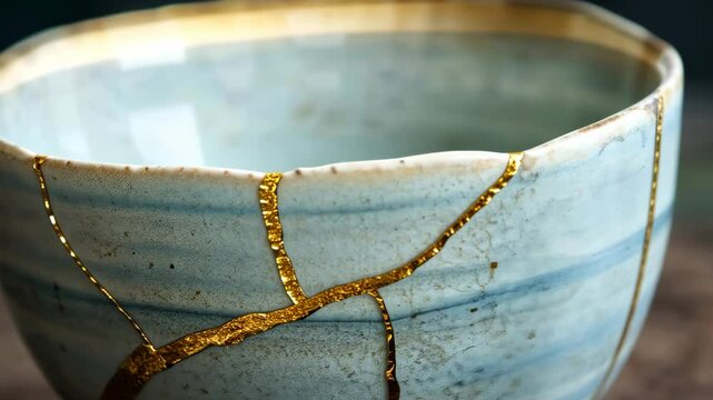 A close-up view of a small, pale blue bowl mended using the kintsugi method