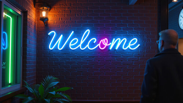 Man entering cafe with neon welcome sign on brick wall