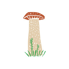 Illustration of a tall mushroom surrounded by small green plants. Minimalist style and earthy colors, natural, rustic look, perfect for nature-themed artwork and botanical collections.