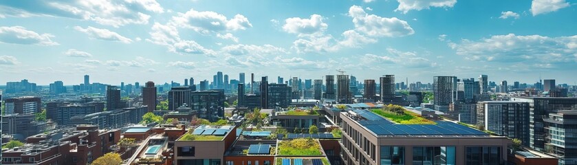 Fototapeta premium City skyline with green rooftops and solar panels, commitment to net zero, vibrant and clean atmosphere