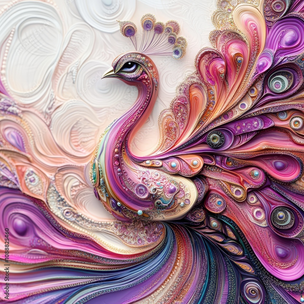 Poster vibrant and elegant peacock displaying its exquisite feathers in an artistic swirl of colors and pat
