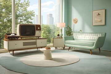 Cozy and Stylish Old-Fashioned Living Room with Vintage Television and Modern Aesthetic in a Bright Natural Light Setting
