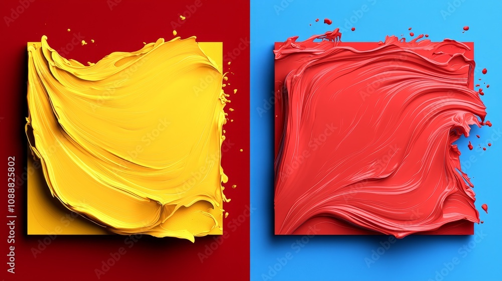 Poster dynamic splashes of color a bold contrast between vibrant yellow and fiery red paint textures on a m