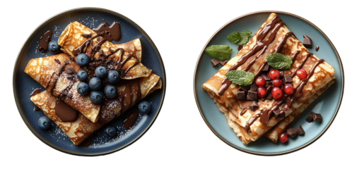 Chocolate crepes set PNG. Chocolate pancakes set.Chocolate crepes with cranberries on plate top view PNG. Pancakes with chocolate drizzle on top flat lay PNG. Chocolate dessert full of sweets isolated