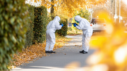 Fototapeta premium Forensic Experts in Protective Suits Capturing Evidence and Photographs at a Crime Scene, Copy Space for Text