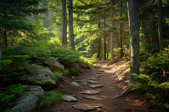 A serene forest path is surrounded by lush green trees and dappled sunlight, creating a peaceful and inviting atmosphere for nature walks.