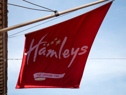 LONDON, UK - JUNE 30, 2013:  Advertising banner signs outside Hamleys toy shop in Regent Street