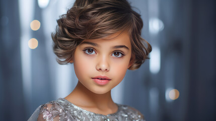 Fototapeta premium Portrait of smiling latin american girl child silver christmas background.