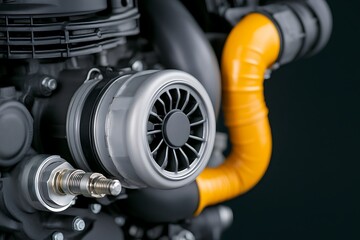 Turbocharger installation concept. A close-up view of a turbocharger with a vibrant orange hose, showcasing intricate details of automotive engineering.