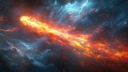 Fototapeta premium A vibrant cosmic scene featuring a fiery streak of light cutting through a dark, cloud-filled space, evoking a sense of cosmic wonder and energy.