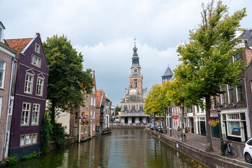 Alkmaar, Netherlands,  - View of the city with the water canal and the weighing house