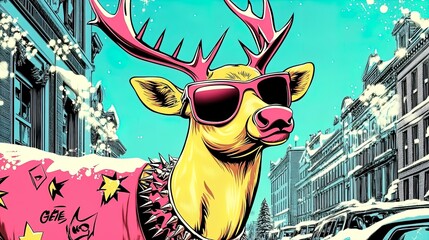 Rock and Roll Reindeer: Edgy Holiday Poster for Urban Sports Interiors - Sunglasses, Spiked Collars, and Graffiti in a Cool Winter Scene!