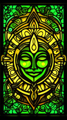A stylized green and yellow face with closed eyes in a stained glass style.