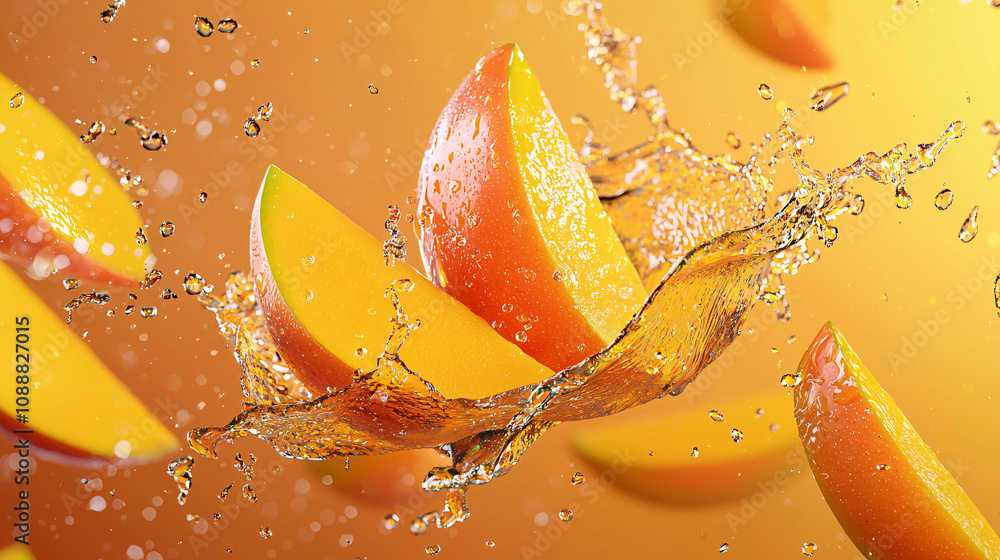 Poster fresh mango slices splashing in water create vibrant and refreshing scene. bright colors and dynamic