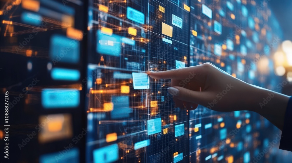 Poster hand interacting with a digital interface of data and information