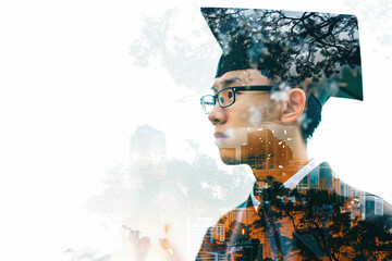 Vibrant Double Exposure Portrait of a Graduate with Breathtaking Landscapes and Urban Views, Clear Focus and Rich Color Palette