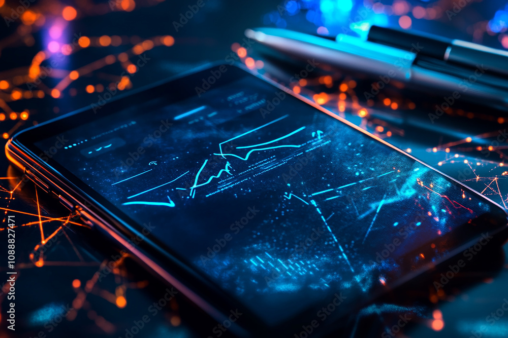 Poster a tablet displaying a graph with a pen nearby, lit by a colorful bokeh effect.