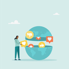 Communication on social networks. A person opens the globe to see positive or negative feedback on social media. Flat vector illustration