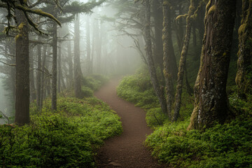 Obraz premium Misty forest pathway surrounded by lush green foliage and towering trees, creating an enchanting and serene atmosphere perfect for a tranquil walk.