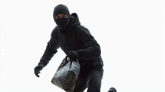 Masked thief running, carrying loot bag.