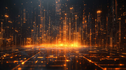 Obraz premium 3D rendering ofModern Cityscape with Floating Light Band and Architectural Lines, Golden Light Rendering Creating a Bright and Shining Future Space, Ideal for High-Definition Poster Design