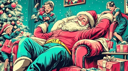 Enchanting Santa's Slumber: A Whimsical Illustration of Santa in an Armchair with Playful Elves Stacking Gifts, Perfect for a Magical Holiday Poster or Cozy Interior Decor!