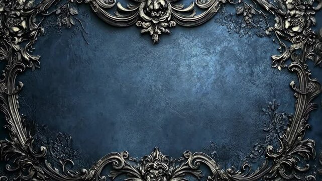 Intricate silver metalwork forms an elaborate frame around a dark blue, textured background