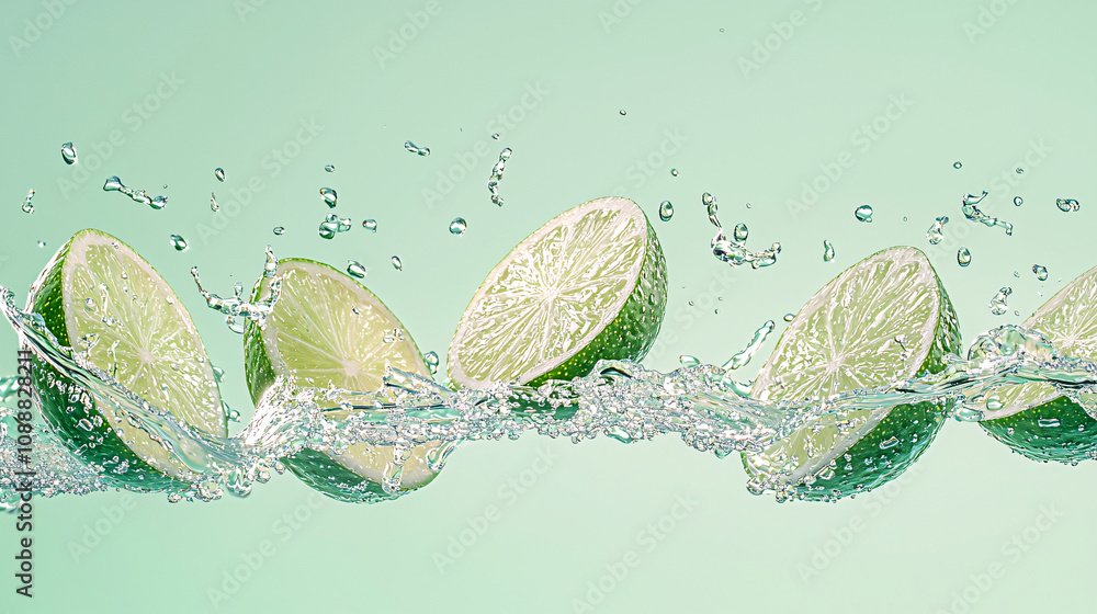 Poster fresh lime slices splash in water, creating vibrant and refreshing scene. bright green color and dyn