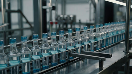 Fototapeta premium Close-Up View of Vials on a Pharmaceutical Production Line for Medicine Manufacturing