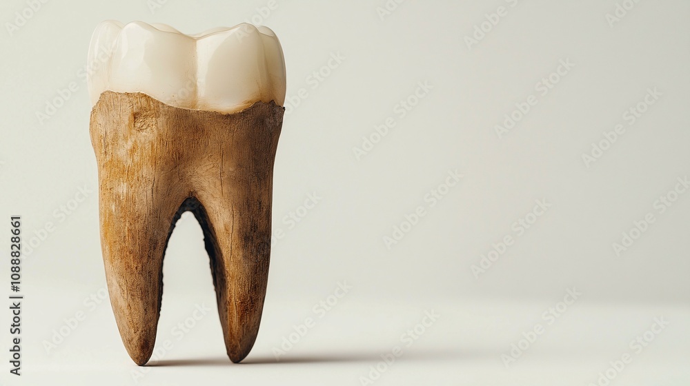 Poster a decayed tooth set against a stark white background, highlighting the contrast between the natural 