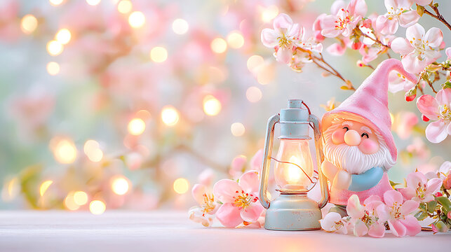 whimsical garden gnome holding lantern surrounded by pink flowers creates charming and enchanting atmosphere. soft bokeh background adds magical touch