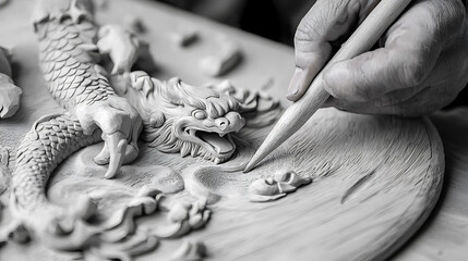 Intricate carving of dragon by skilled artisan, showcasing craftsmanship and detail. artist hand holds tool, emphasizing dedication to art form