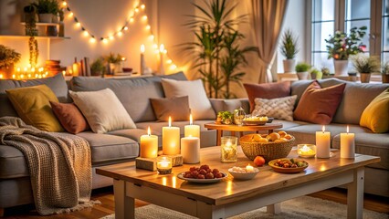 A beautifully styled living room with glowing candles, cozy seating, and festive string lights. Creates a serene and warm atmosphere, perfect for relaxing evenings or celebrations.