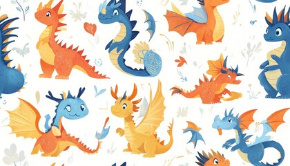 Obraz premium A whimsical pattern featuring various colorful cartoon dragons in playful poses.