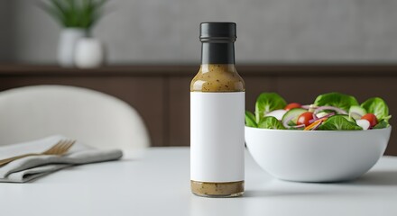 A salad dressing bottle mock-up with a blank surface, placed on a dining table with salad ingredients 3d illustration template image.