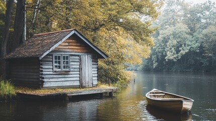 Simple wooden fishing cabin on a river, rowboat docked nearby