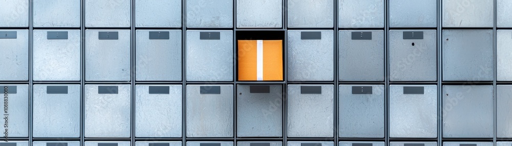 Poster a grid of metallic boxes with one open box showcasing an orange item, creating a striking contrast a