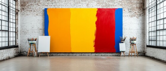 Abstract Colorful Painting in Art Studio Easel Brushes White Brick Wall Large Canvas