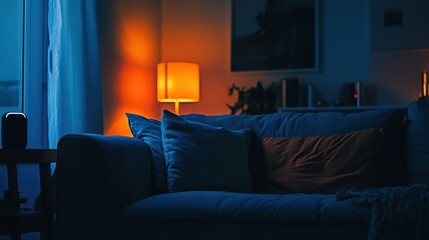 Cozy living room at night, illuminated by a warm lamp.