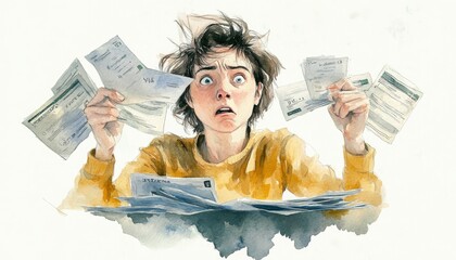 A worried person surrounded by bills, conveying stress and financial anxiety.