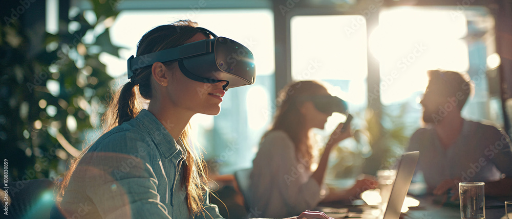 Poster immersive virtual reality experience in modern office setting. woman wears vr headset while colleagu