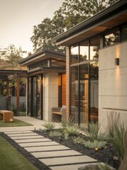 Obraz premium Modern Contemporary Home with Floor-to-Ceiling Windows and Beautiful Landscaping