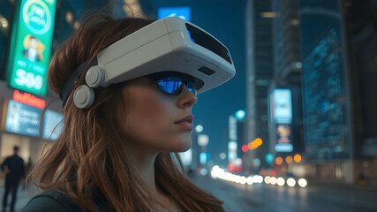 Woman with futuristic AR. Augmented reality headset overlaying city view with digital info