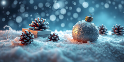Christmas background with ornaments, pine cones, presents. Christmas background	
