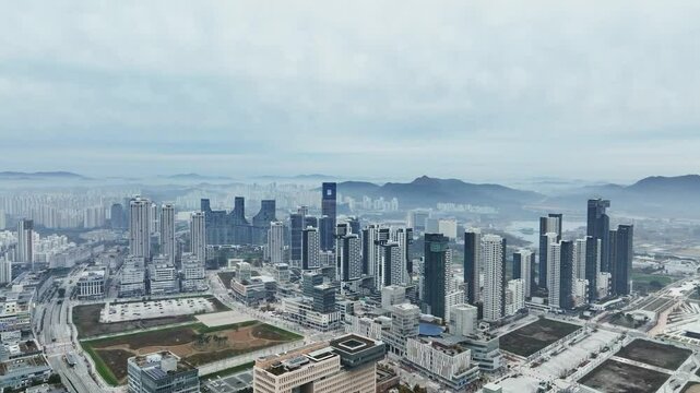 Drone View of Sejong City in South Korea, Park, Autumn, 60fps