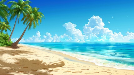 Fototapeta premium An illustration of a tropical beach with palm trees, blue water, and a sunny sky.